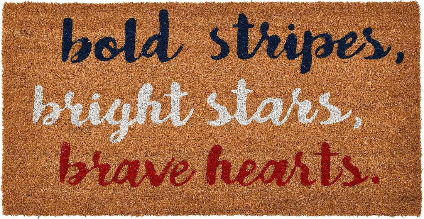 Patriotic Coir Entry Doormat with Bold Stripes, Bright Stars, Brave Hearts - Non-Slip Americana Summer Entry Mat for July 4th or Memorial Day