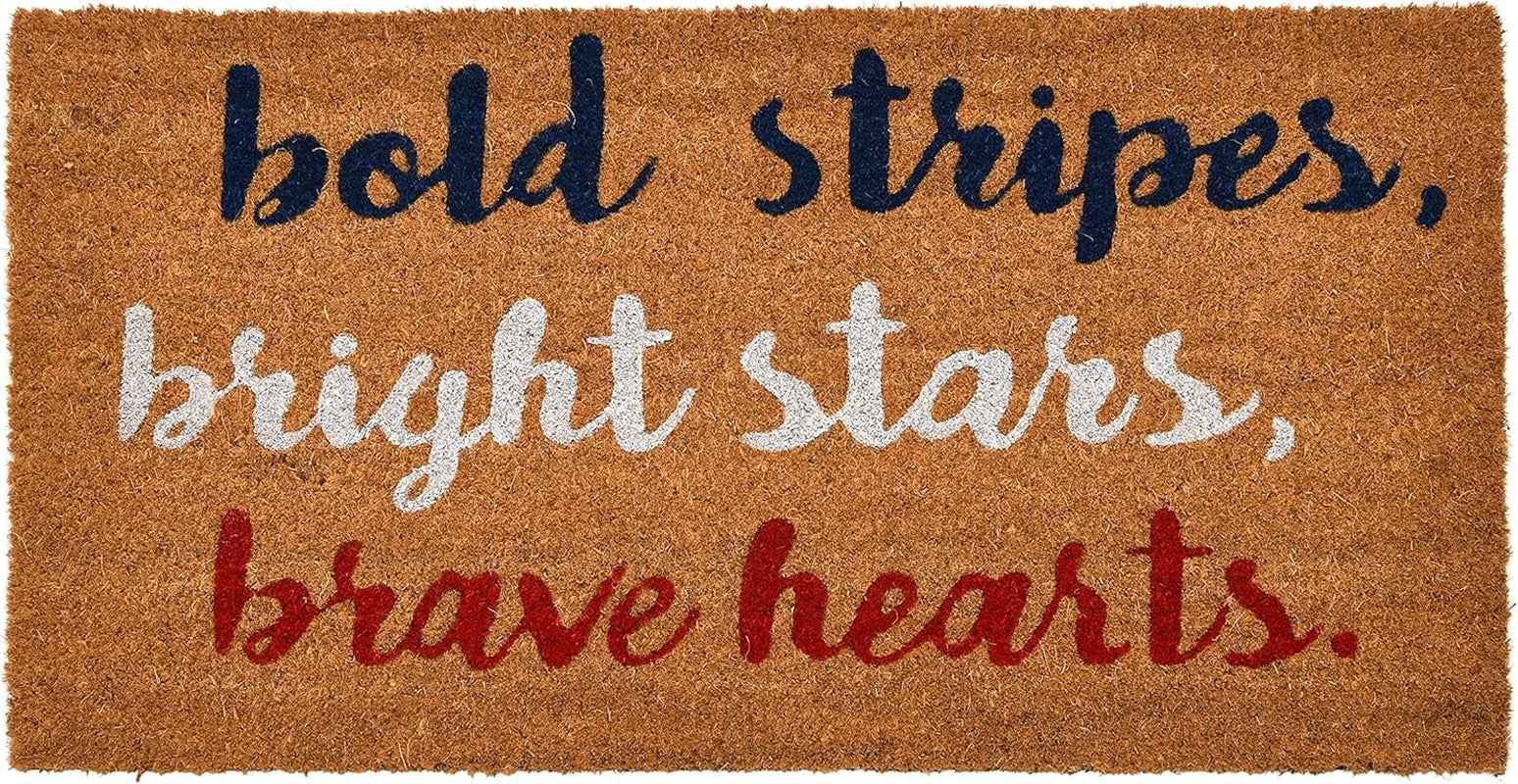 Patriotic Coir Entry Doormat with Bold Stripes, Bright Stars, Brave Hearts - Non-Slip Americana Summer Entry Mat for July 4th or Memorial Day