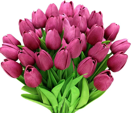 28Pcs White Flowers Artificial Tulip Stems Real Feel PU Tulips for Easter Spring Wreath Wedding Bouquet Centerpiece Floral Arrangement Cemetery Table Décor 13" Tall