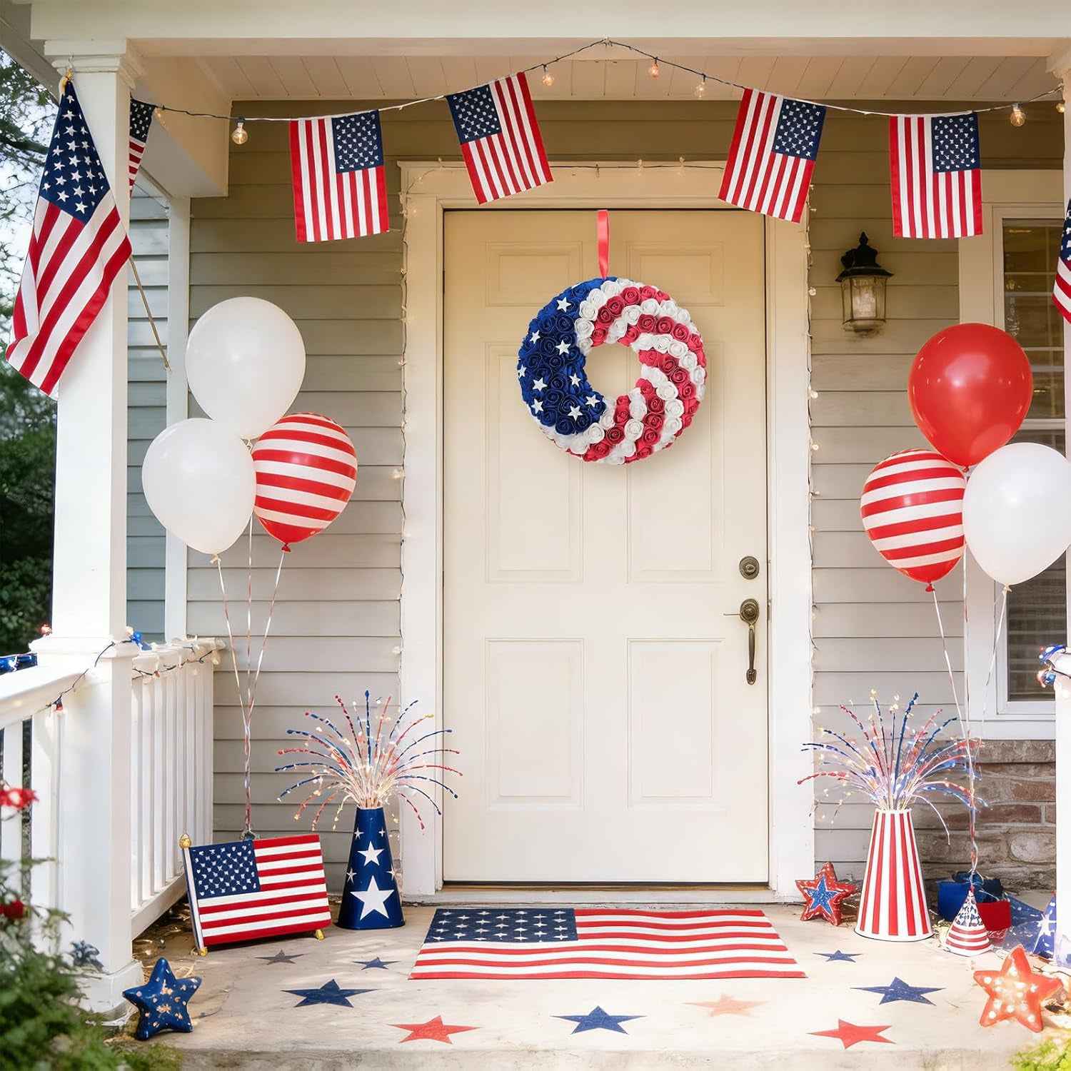 Idyllic 20 Inch Patriotic Wreath for Front Door, PE Roses with Metal Stars - Perfect for Home Decoration & Memorial Day, 4th of July Celebrations