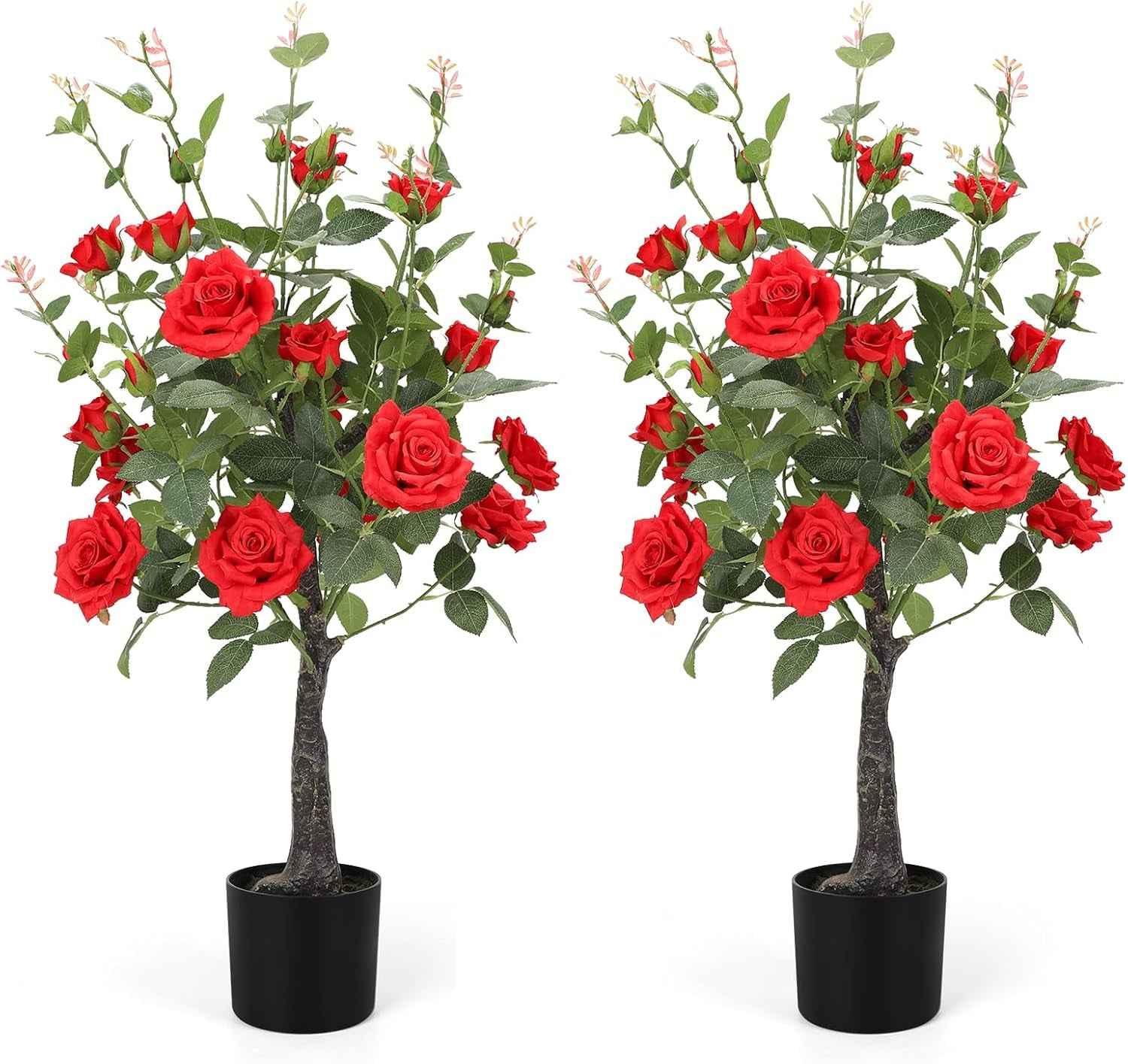 Romantic Season 2Pack Artificial Rose Flower Trees, 42Inch White Faux Rose Tree with Green Leaves for Living Room Office Home Outdoor Indoor Decor