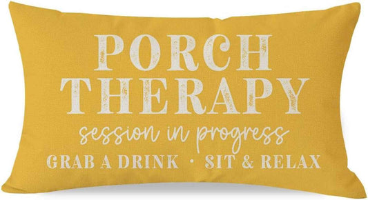 Spring Farmhouse Throw Pillow Cover 12X20 Inch Porch Therapy Session in Progress Yellow Outdoor Spring Summer Front Porch Patio Decorations Lumbar Decorative Throw Pillows Cases for Couch Decor