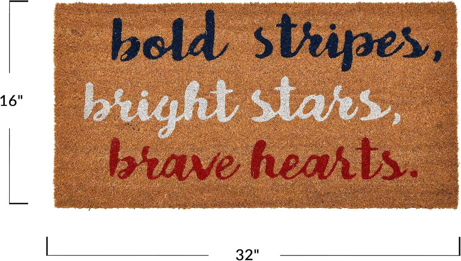 Patriotic Coir Entry Doormat with Bold Stripes, Bright Stars, Brave Hearts - Non-Slip Americana Summer Entry Mat for July 4th or Memorial Day
