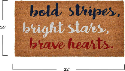 Patriotic Coir Entry Doormat with Bold Stripes, Bright Stars, Brave Hearts - Non-Slip Americana Summer Entry Mat for July 4th or Memorial Day