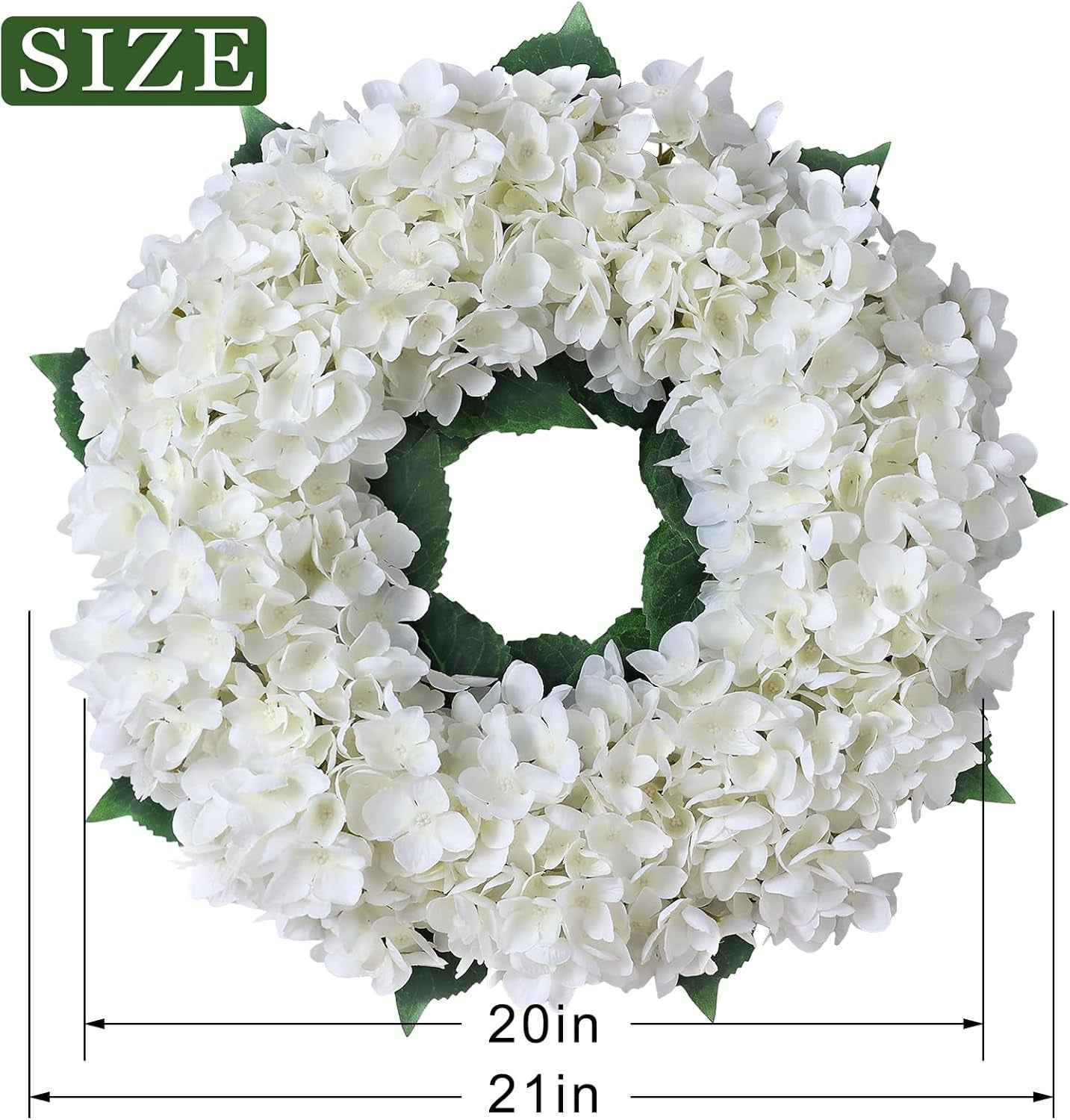 Artificial Hydrangea Wreath for Front Door, 21" Spring Summer White Flower Wreath, Fuax Hydrangeas Leaves for Home Mantel Wall Farmhouse Decor