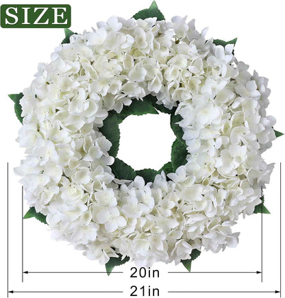 Artificial Hydrangea Wreath for Front Door, 21" Spring Summer White Flower Wreath, Fuax Hydrangeas Leaves for Home Mantel Wall Farmhouse Decor