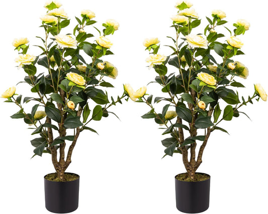 Artificial Camellia Tree, 3FT Yellow Fake Tree Blooming Camellia Flower Plant for Spring Home Front Door Outdoor Indoor Decoration