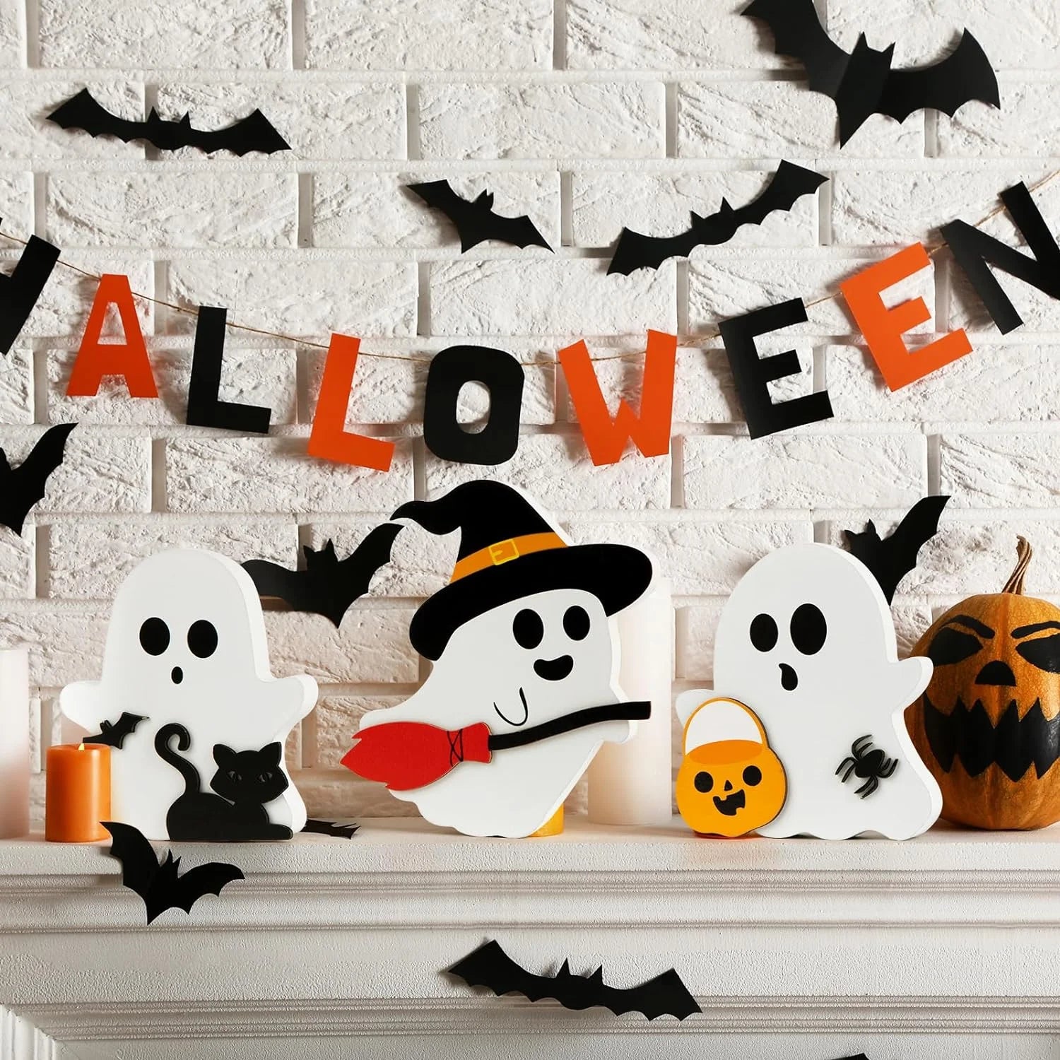 Halloween Tier Tray Decorations Cute Ghost Halloween Tabletop Decor Table Wooden Signs Table Centerpieces Rustic Farmhouse Indoor Decorations for Halloween Fall Party Home Kitchen