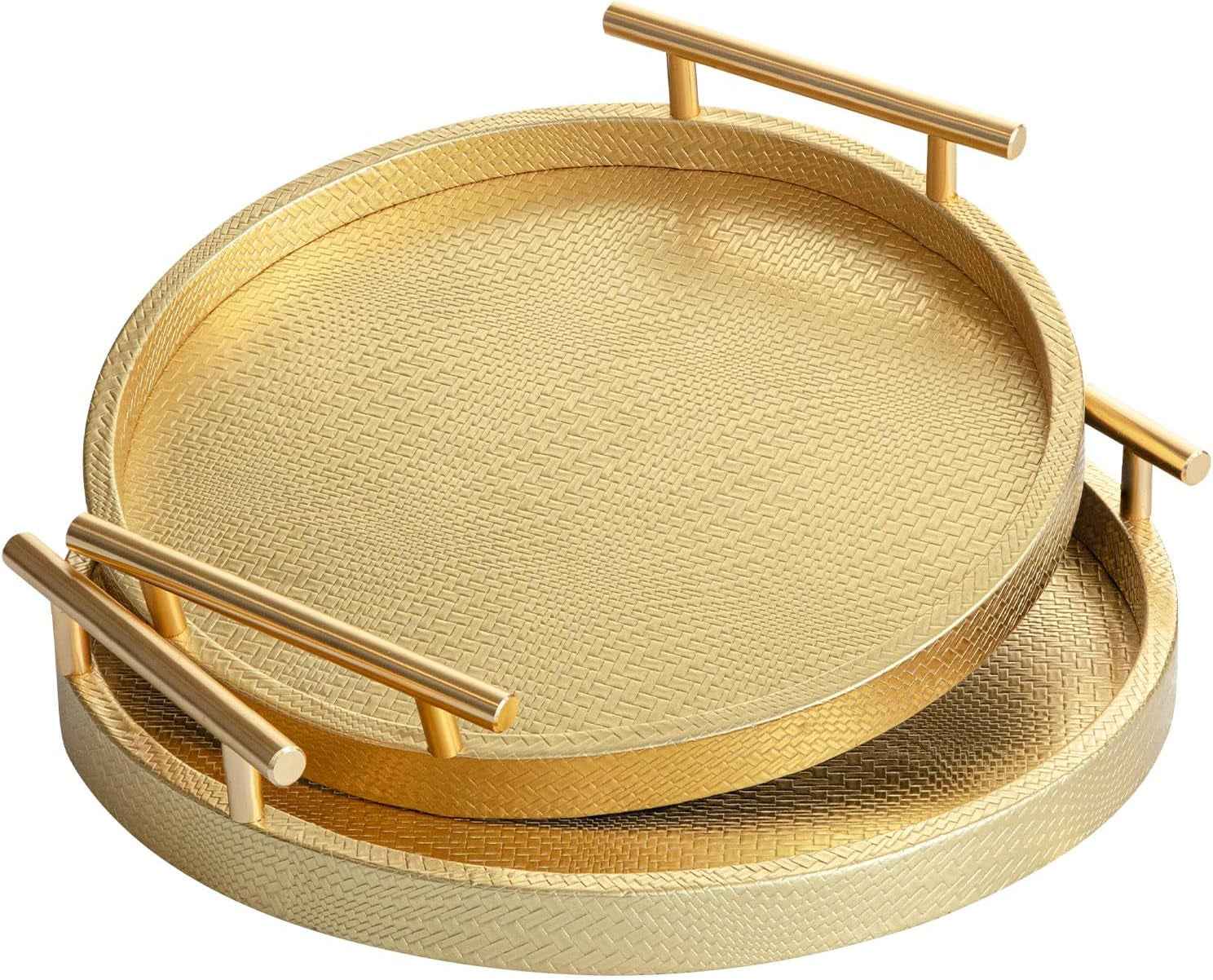 2 Piece Golden round Serving Tray with Handles, Woven-Texture Faux Leather Ottoman Tray for Living Room, Decorative Tray for Coffee Table Home Decor