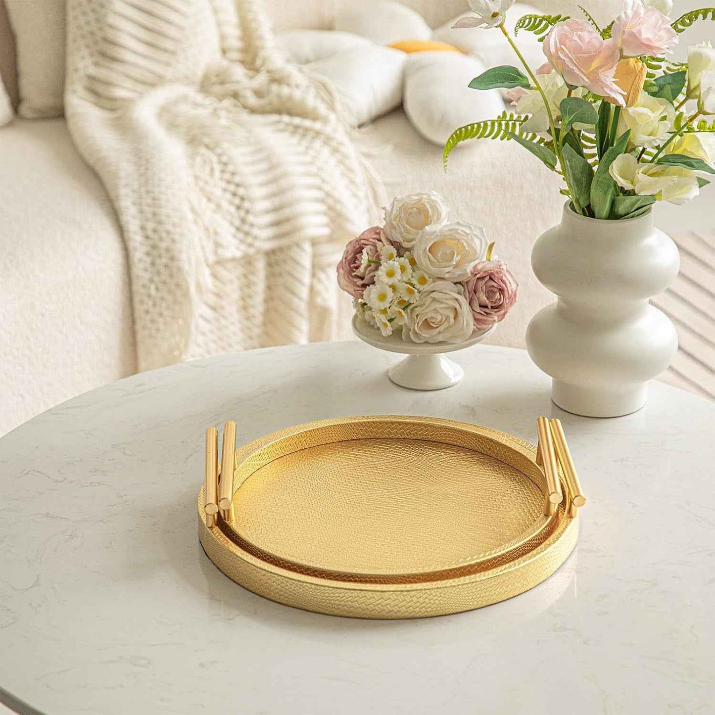 2 Piece Golden round Serving Tray with Handles, Woven-Texture Faux Leather Ottoman Tray for Living Room, Decorative Tray for Coffee Table Home Decor