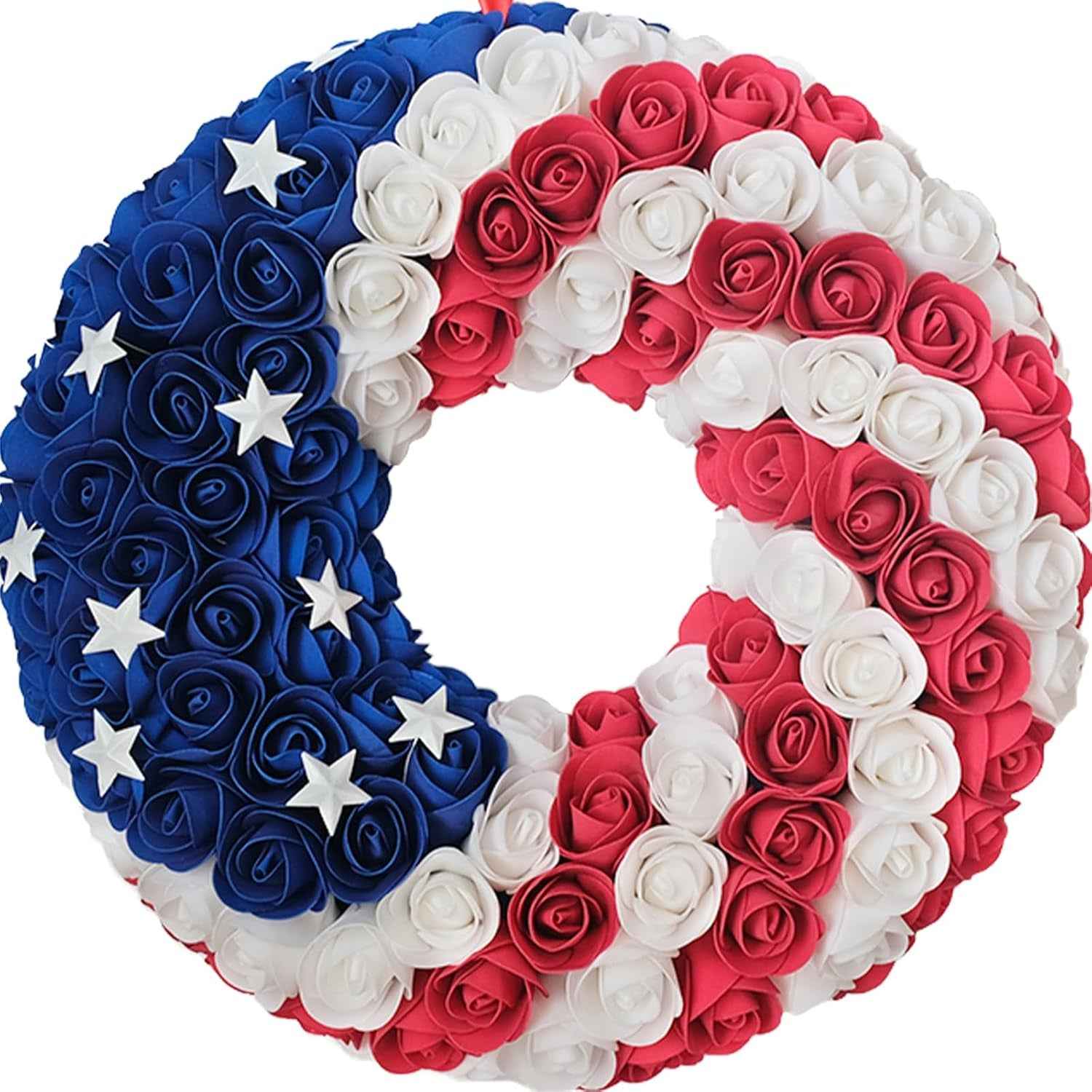 Idyllic 20 Inch Patriotic Wreath for Front Door, PE Roses with Metal Stars - Perfect for Home Decoration & Memorial Day, 4th of July Celebrations