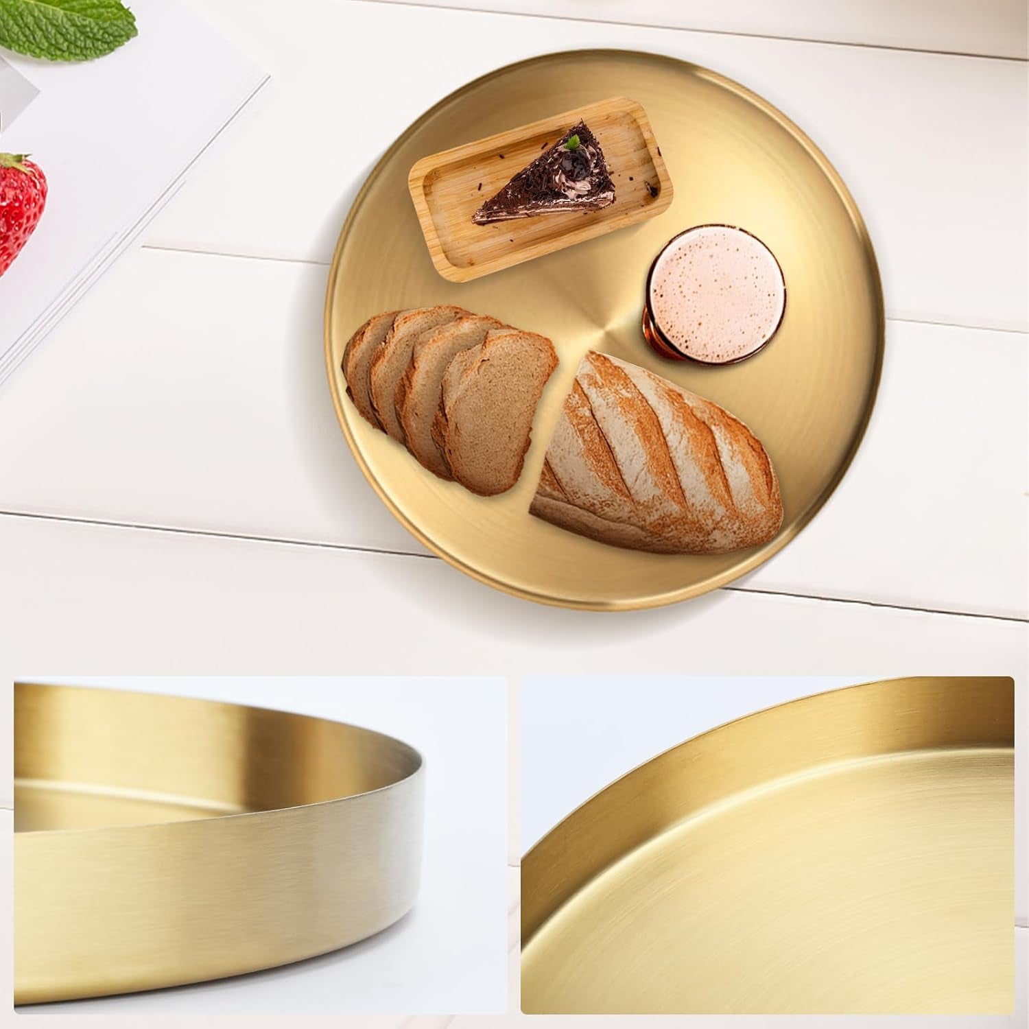 12 Inch Golden round Platter Tray, Trays for Domestic Purposes, Stainless Steel Serving, Circle Decorative Tray, Vanity Tray for Centerpiece Home Decor