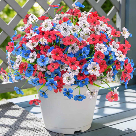 16 Pcs Artificial Flowers for Outdoor Decoration - UV Resistant Silk Flowers for Garden, Yard, Porch, Patio, and Indoor Decor (Blue, White, Red)