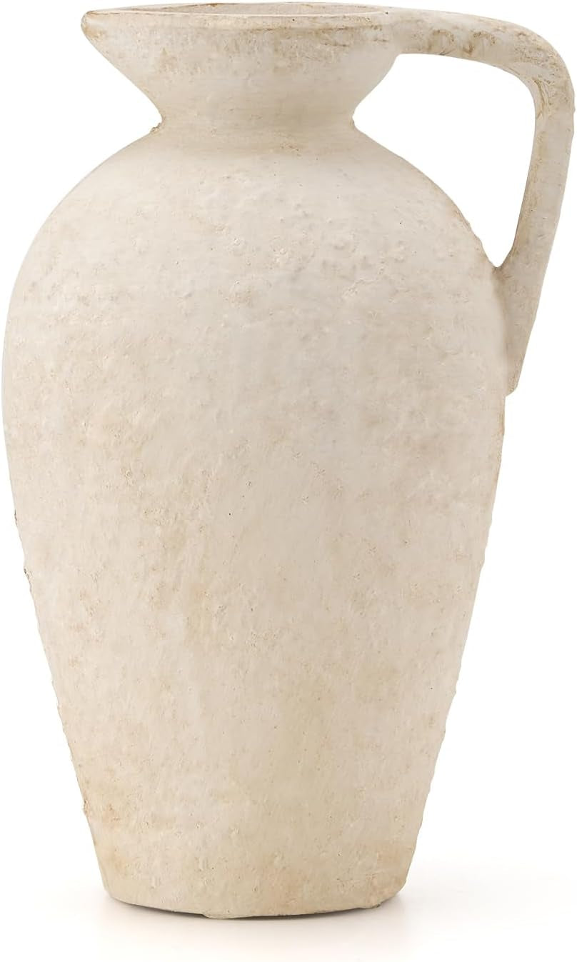 LUKA Rustic Farmhouse Terracotta Vase, 9.25 Inch with Handle, Neutral Tall Clay Vase for Living Room, Table, Shelf Decor (Off-White)
