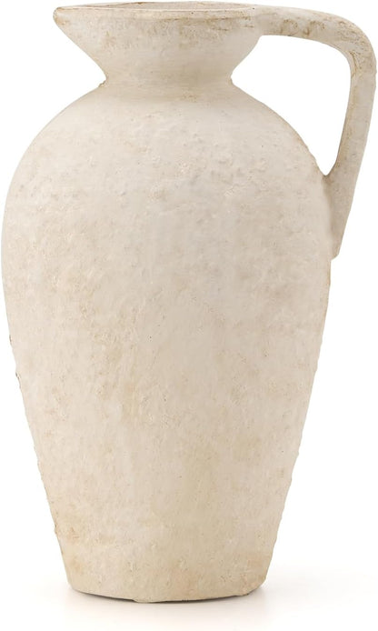 LUKA Rustic Farmhouse Terracotta Vase, 9.25 Inch with Handle, Neutral Tall Clay Vase for Living Room, Table, Shelf Decor (Off-White)