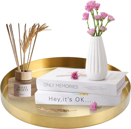 12 Inch Golden round Platter Tray, Trays for Domestic Purposes, Stainless Steel Serving, Circle Decorative Tray, Vanity Tray for Centerpiece Home Decor