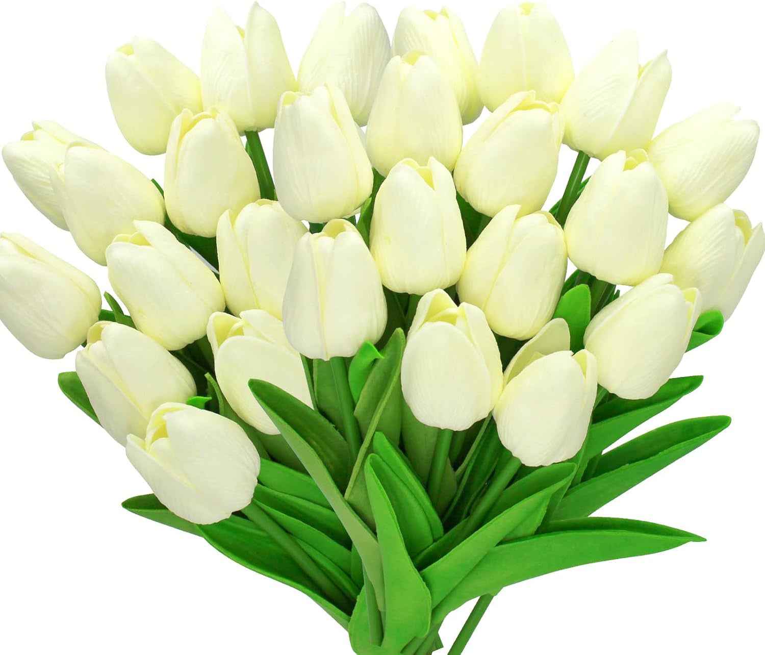 28Pcs White Flowers Artificial Tulip Stems Real Feel PU Tulips for Easter Spring Wreath Wedding Bouquet Centerpiece Floral Arrangement Cemetery Table Décor 13" Tall