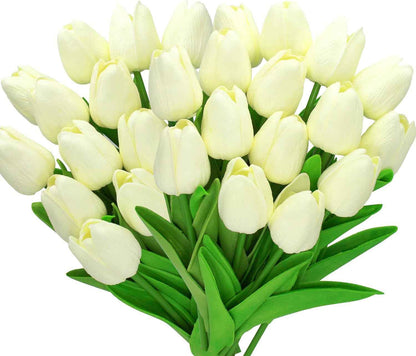 28Pcs White Flowers Artificial Tulip Stems Real Feel PU Tulips for Easter Spring Wreath Wedding Bouquet Centerpiece Floral Arrangement Cemetery Table Décor 13" Tall