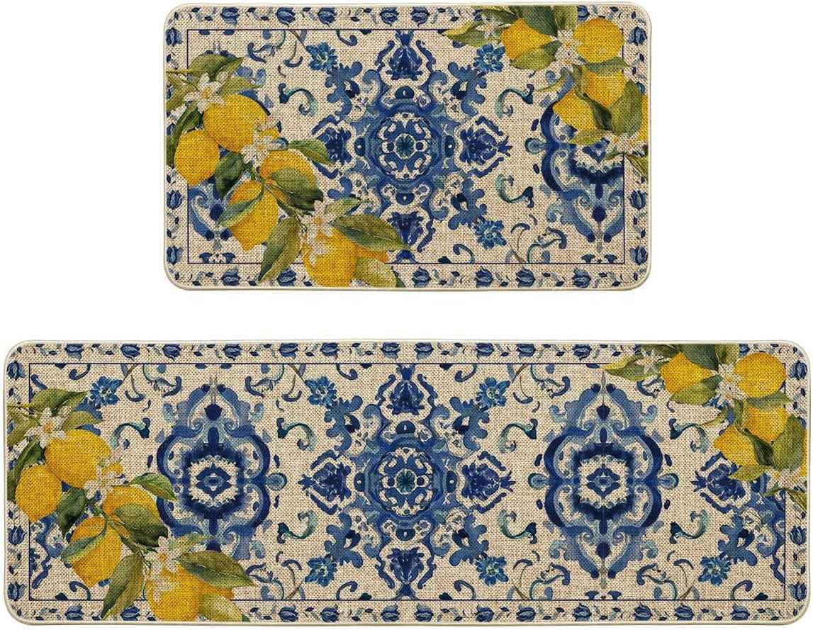 Blue Floral Lemons Spring Kitchen Mats Set of 2, Home Decor Low-Profile Kitchen Rugs for Floor - 17X29 and 17X47 Inch