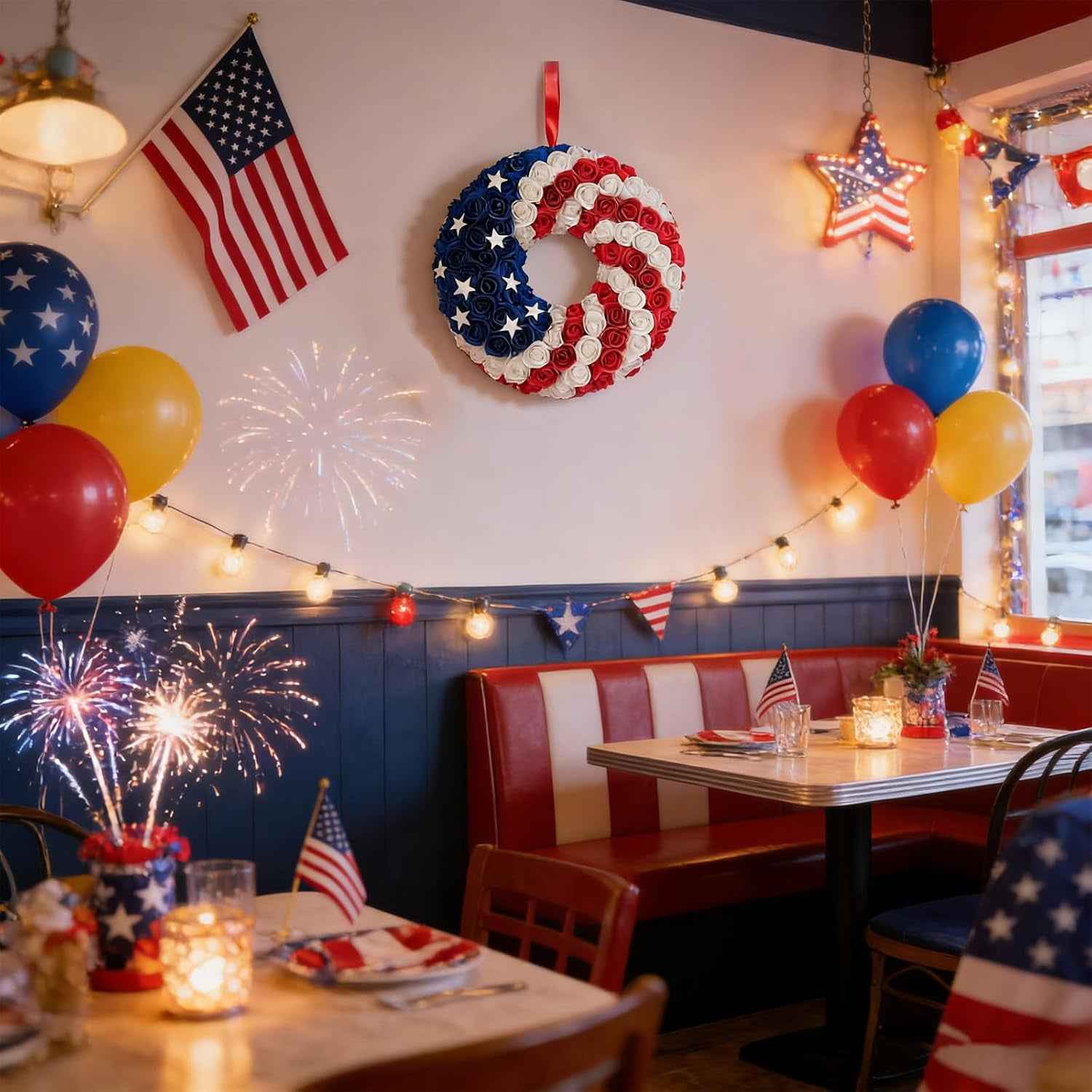 Idyllic 20 Inch Patriotic Wreath for Front Door, PE Roses with Metal Stars - Perfect for Home Decoration & Memorial Day, 4th of July Celebrations