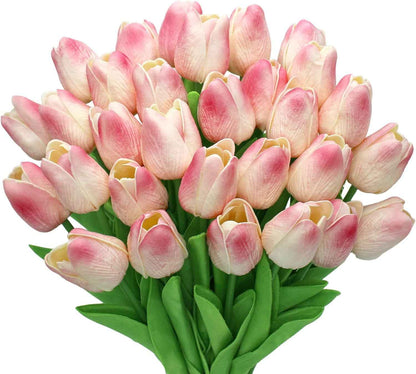28Pcs White Flowers Artificial Tulip Stems Real Feel PU Tulips for Easter Spring Wreath Wedding Bouquet Centerpiece Floral Arrangement Cemetery Table Décor 13" Tall