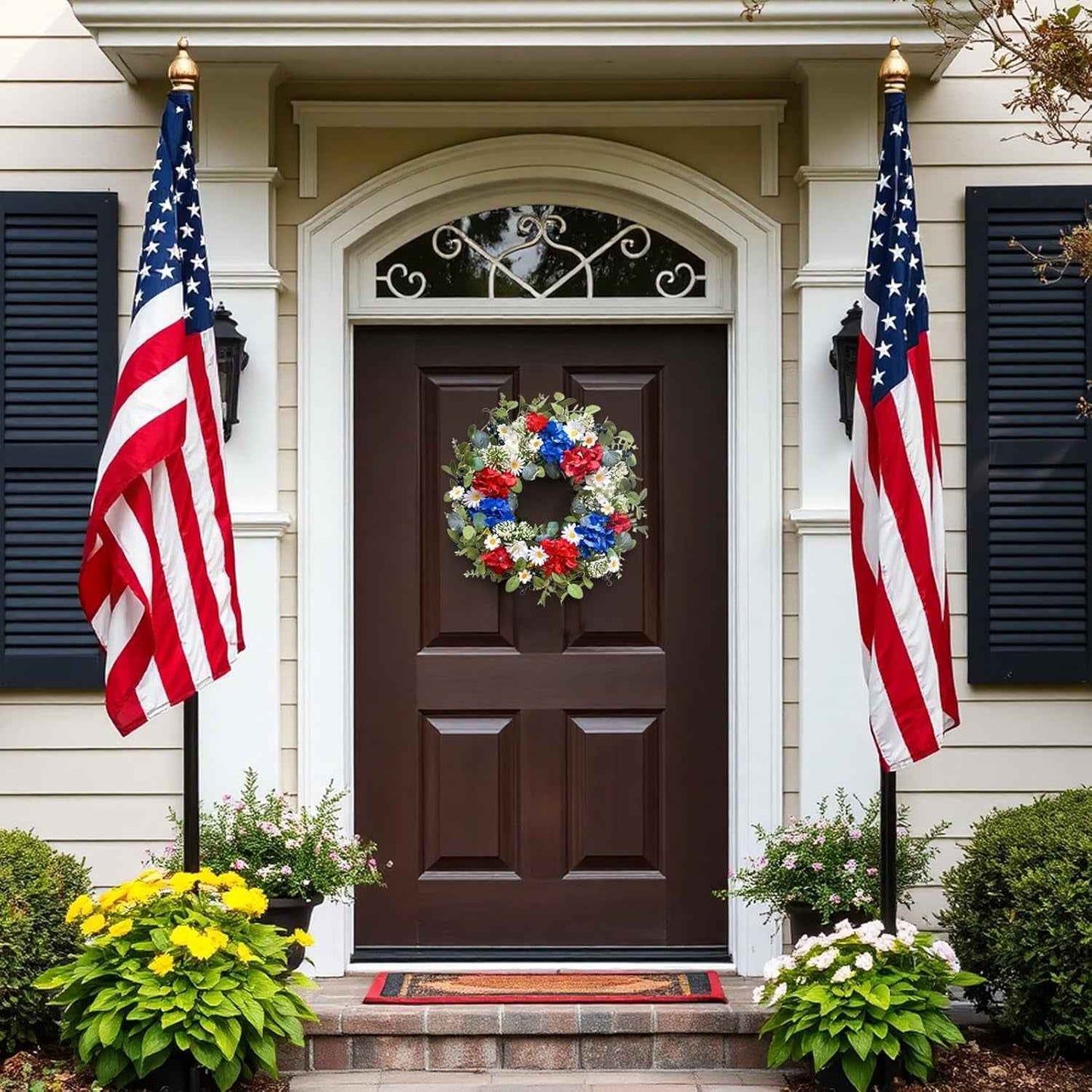 22 Inch Patriotic Flower Wreath for Front Door, July 4th Hydrangea Daisy Wreath for Indoor and Outdoor, Memorial Day Decoration