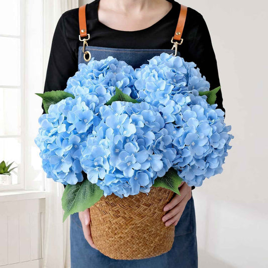 Blue Flowers Hydrangea Artificial Flowers, 5Pcs 20Inch Large Lifelike Silk Artificial Hydrangeas, Full Fake Flowers for Bouquet Table Centerpieces Wedding Indoor Home