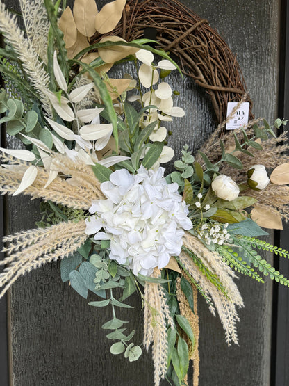 Custom Hydrangea Wreath for Everyday Use - Modern Farmhouse Door Decor in Neutral Colors