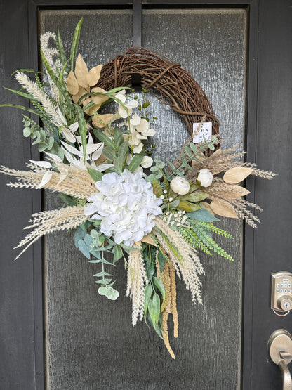 Custom Hydrangea Wreath for Everyday Use - Modern Farmhouse Door Decor in Neutral Colors