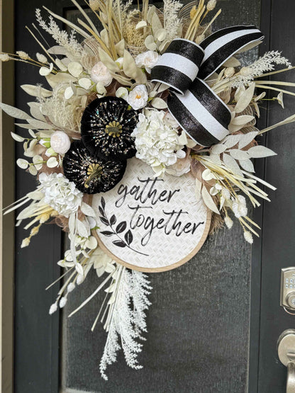 Front Door Fall Wreath Pumpkin Wreath Black & White Decor Fall Front door Decor Thanksgiving wreath Simple Fall Wreath  Cream Fall wreath