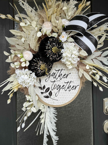 Front Door Fall Wreath Pumpkin Wreath Black & White Decor Fall Front door Decor Thanksgiving wreath Simple Fall Wreath  Cream Fall wreath