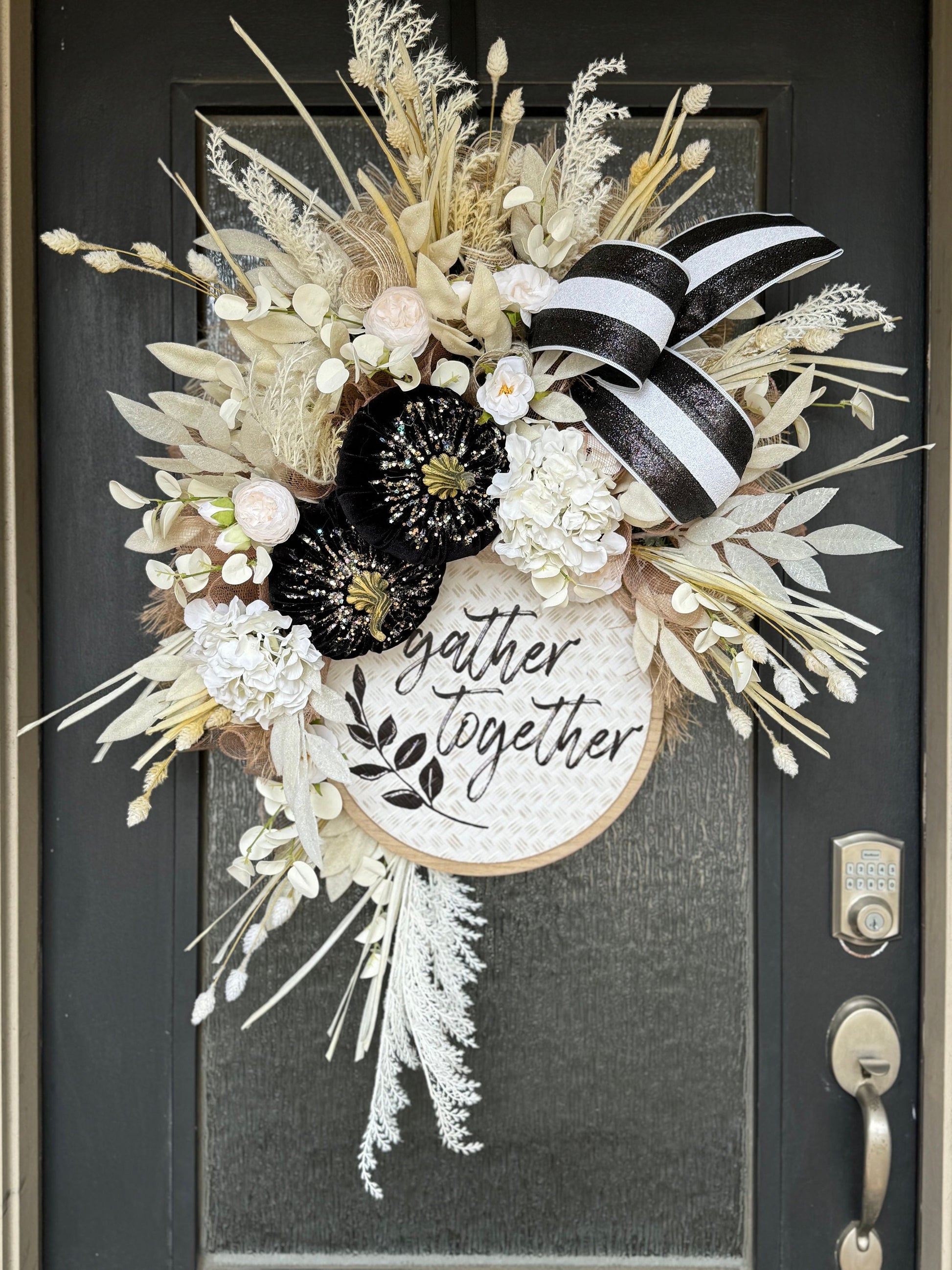 Front Door Fall Wreath Pumpkin Wreath Black & White Decor Fall Front door Decor Thanksgiving wreath Simple Fall Wreath Cream Fall wreath