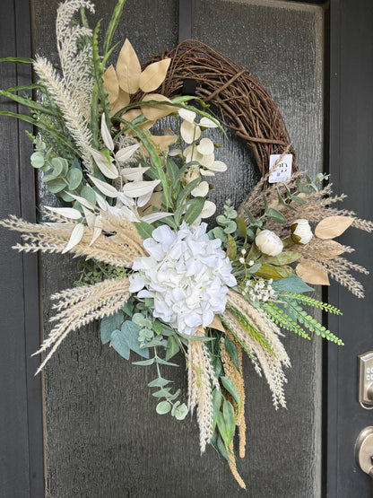 Custom Hydrangea Wreath for Everyday Use - Modern Farmhouse Door Decor in Neutral Colors