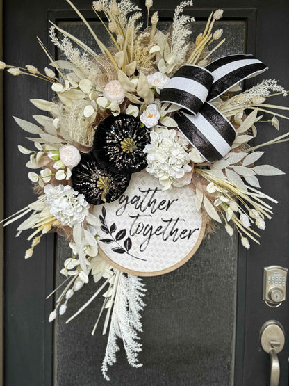 Front Door Fall Wreath Pumpkin Wreath Black & White Decor Fall Front door Decor Thanksgiving wreath Simple Fall Wreath  Cream Fall wreath
