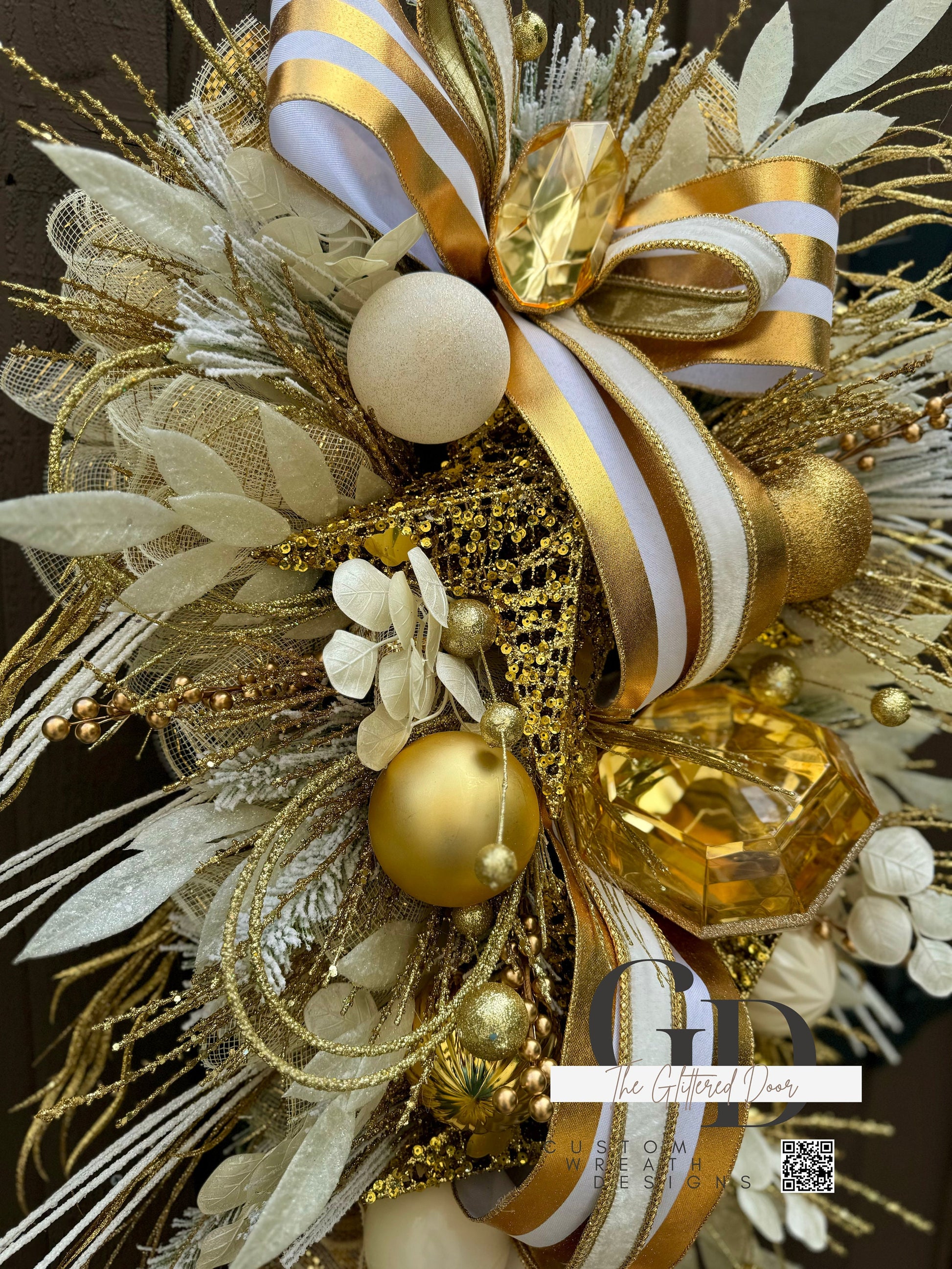 Front Door White and Gold elegant glam xl swag wreath Jewel Ornament wreath Designer Ribbon Holiday decor Christmas decor
