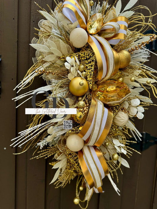 Front Door White and Gold elegant glam xl swag wreath Jewel Ornament wreath Designer Ribbon Holiday decor Christmas decor