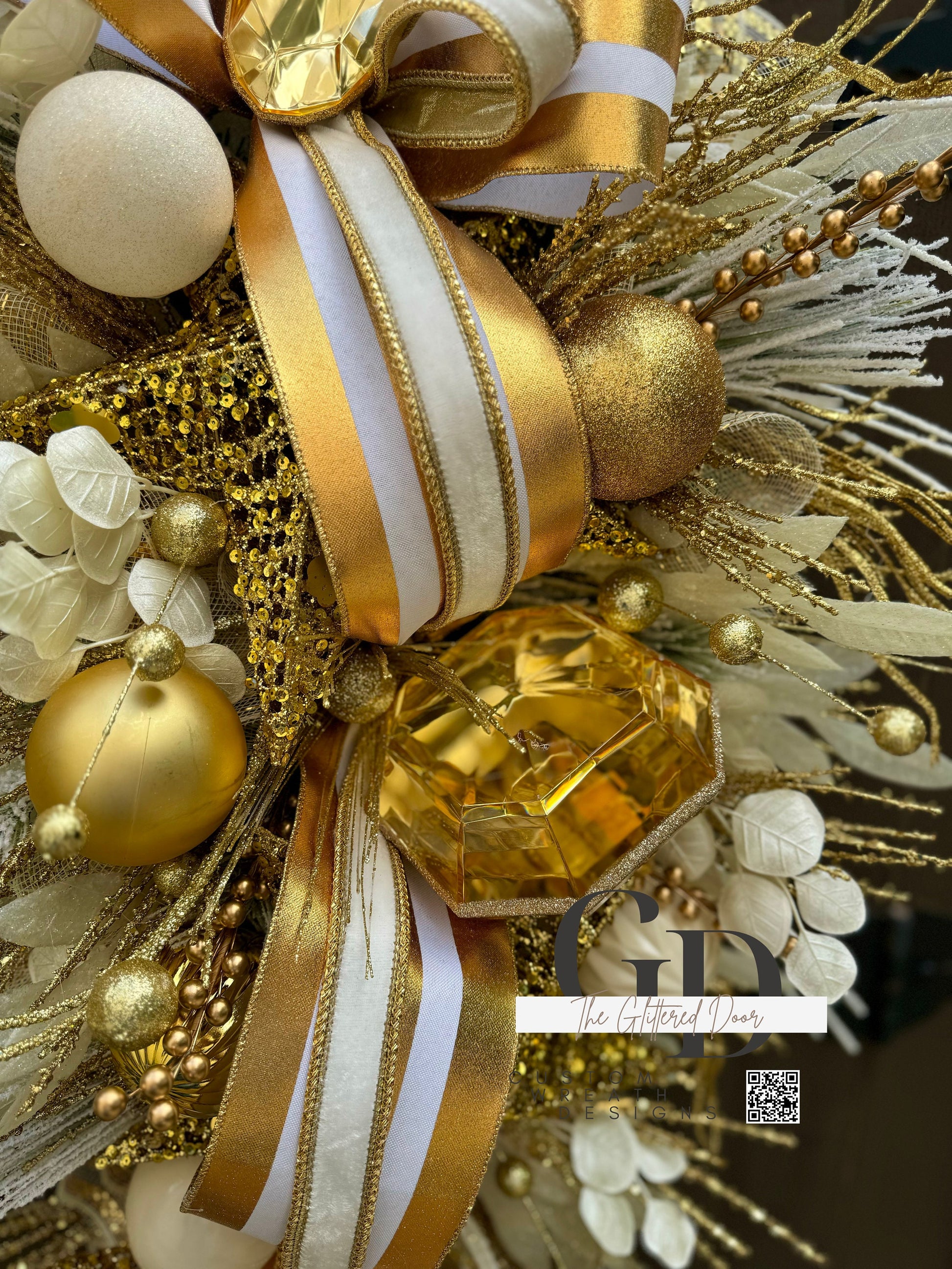 Front Door White and Gold elegant glam xl swag wreath Jewel Ornament wreath Designer Ribbon Holiday decor Christmas decor