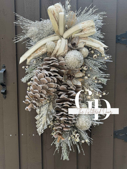 Rustic Christmas Decor Champagne  glam xl swag wreath Natural Christmas wreath Designer Ribbon Holiday decor Christmas decor Made to Order
