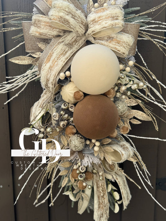 Rustic Christmas Decor Champagne and Taupe glam swag wreath Natural Christmas wreath Designer Ribbon Holiday decor Christmas decor