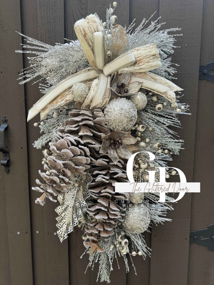 Rustic Christmas Decor Champagne  glam xl swag wreath Natural Christmas wreath Designer Ribbon Holiday decor Christmas decor Made to Order