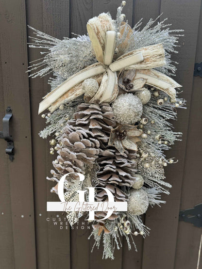 Rustic Christmas Decor Champagne  glam xl swag wreath Natural Christmas wreath Designer Ribbon Holiday decor Christmas decor Made to Order