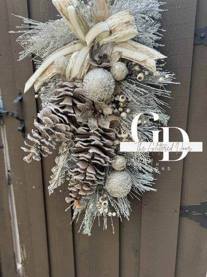 Rustic Christmas Decor Champagne  glam xl swag wreath Natural Christmas wreath Designer Ribbon Holiday decor Christmas decor Made to Order