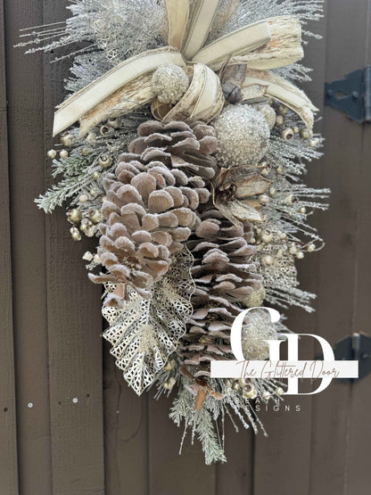 Rustic Christmas Decor Champagne  glam xl swag wreath Natural Christmas wreath Designer Ribbon Holiday decor Christmas decor Made to Order