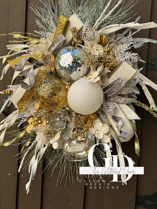 White Silver and Gold Disco Ball glam wreath Jewel Ornament wreath Elegant Christmas Wreath Designer Ribbon Holiday decor Christmas decor