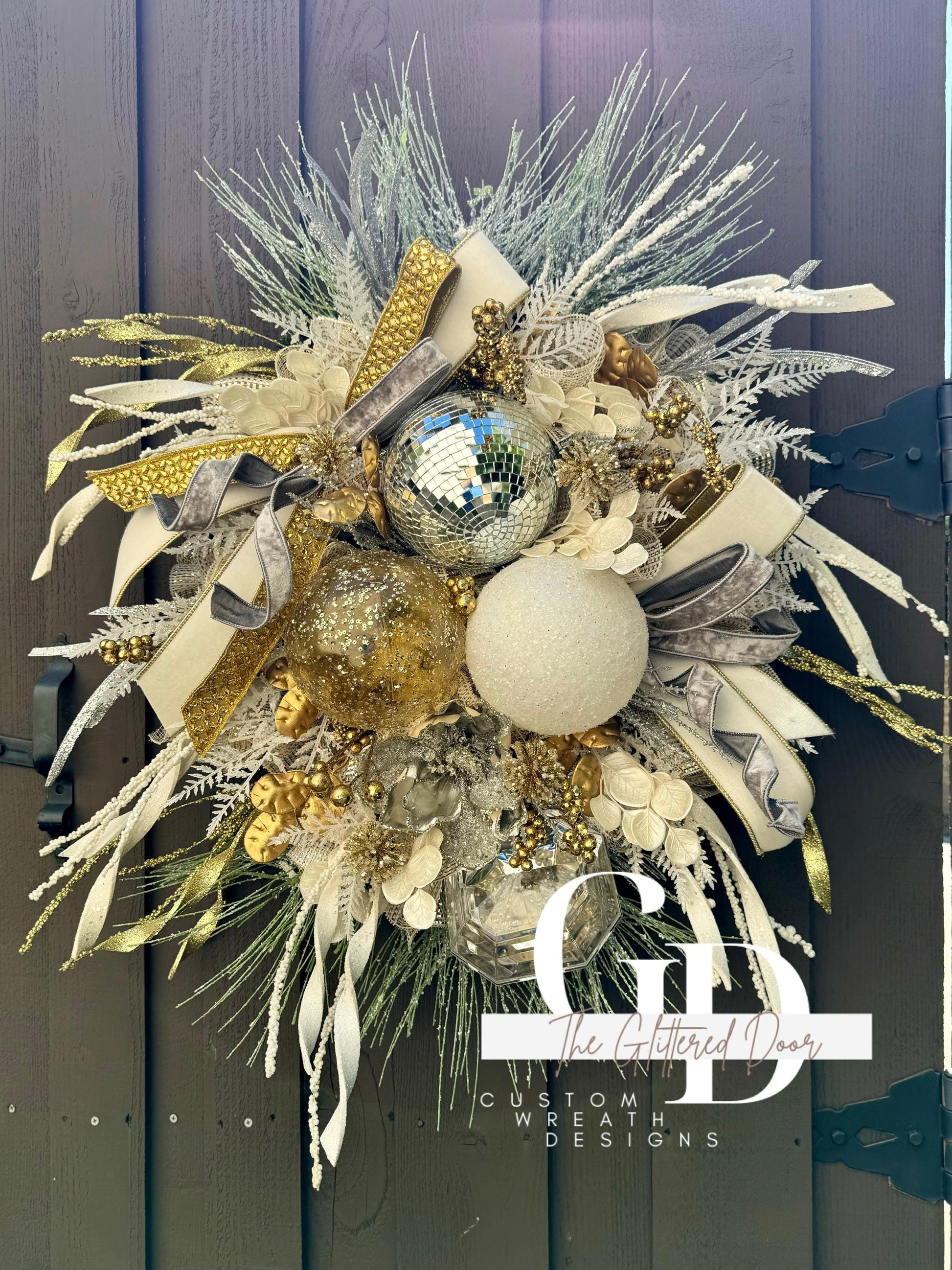 White Silver and Gold Disco Ball glam wreath Jewel Ornament wreath Elegant Christmas Wreath Designer Ribbon Holiday decor Christmas decor
