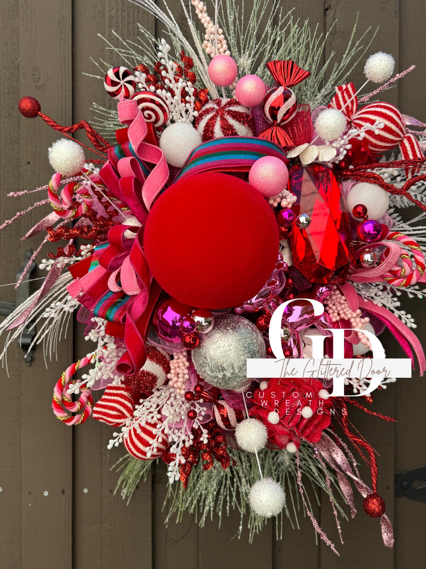 Pink & Red Christmas xl wreath Whimsical Christmas wreath Candy stripe Design Jewel Ornaments wreath Christmas door decor