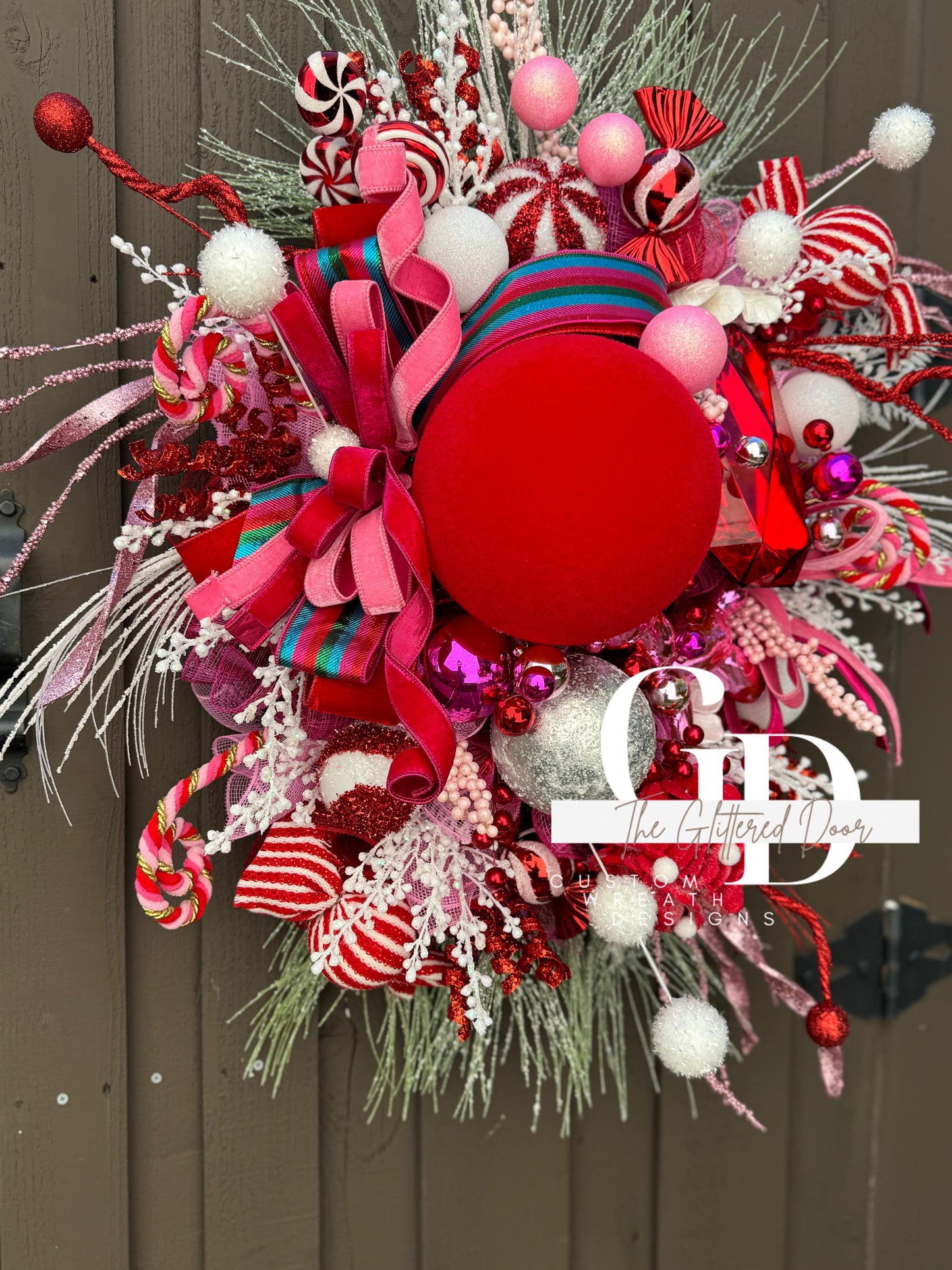 Pink & Red Christmas xl wreath Whimsical Christmas wreath Candy stripe Design Jewel Ornaments wreath Christmas door decor