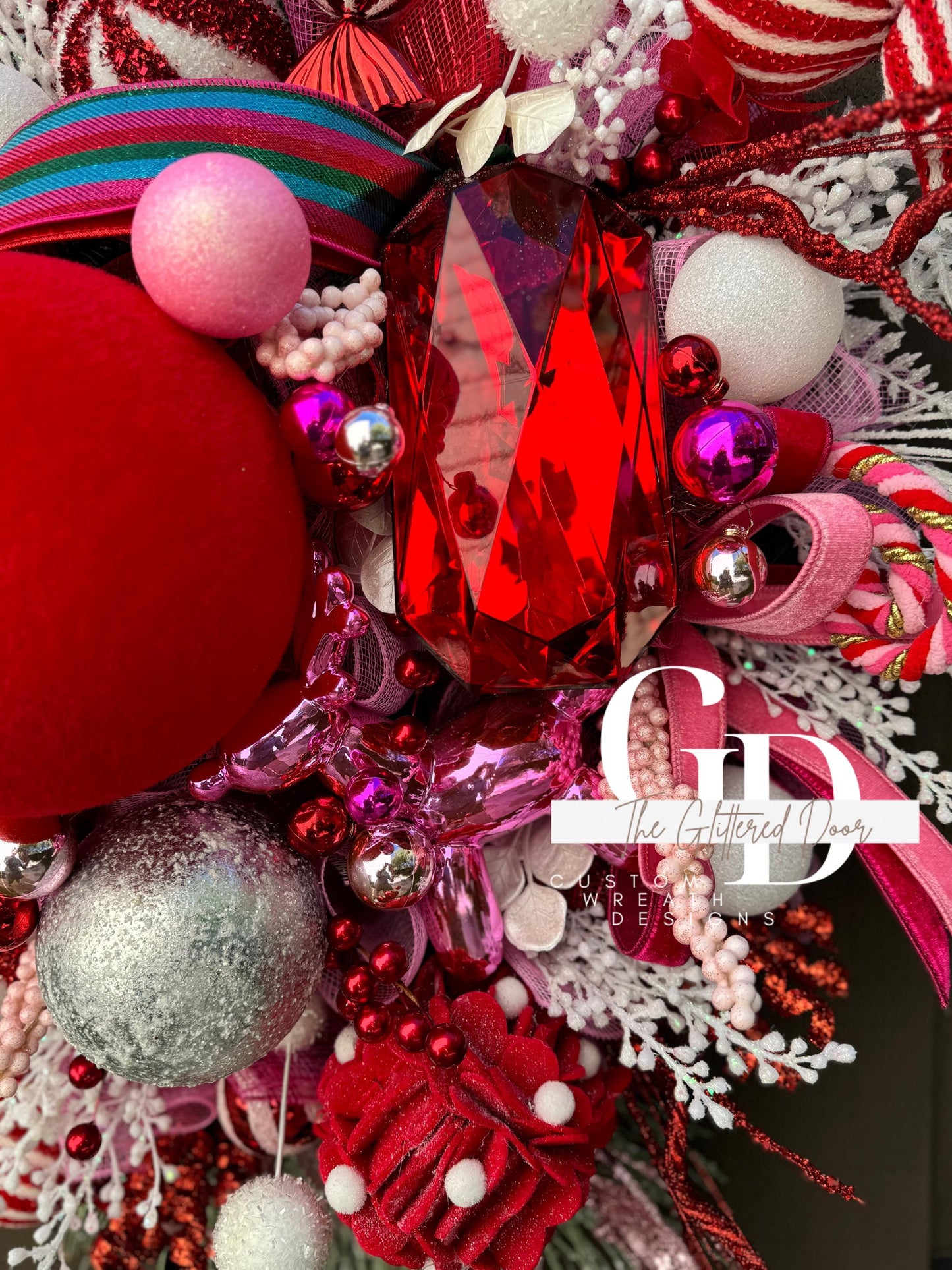 Pink & Red Christmas xl wreath Whimsical Christmas wreath Candy stripe Design Jewel Ornaments wreath Christmas door decor