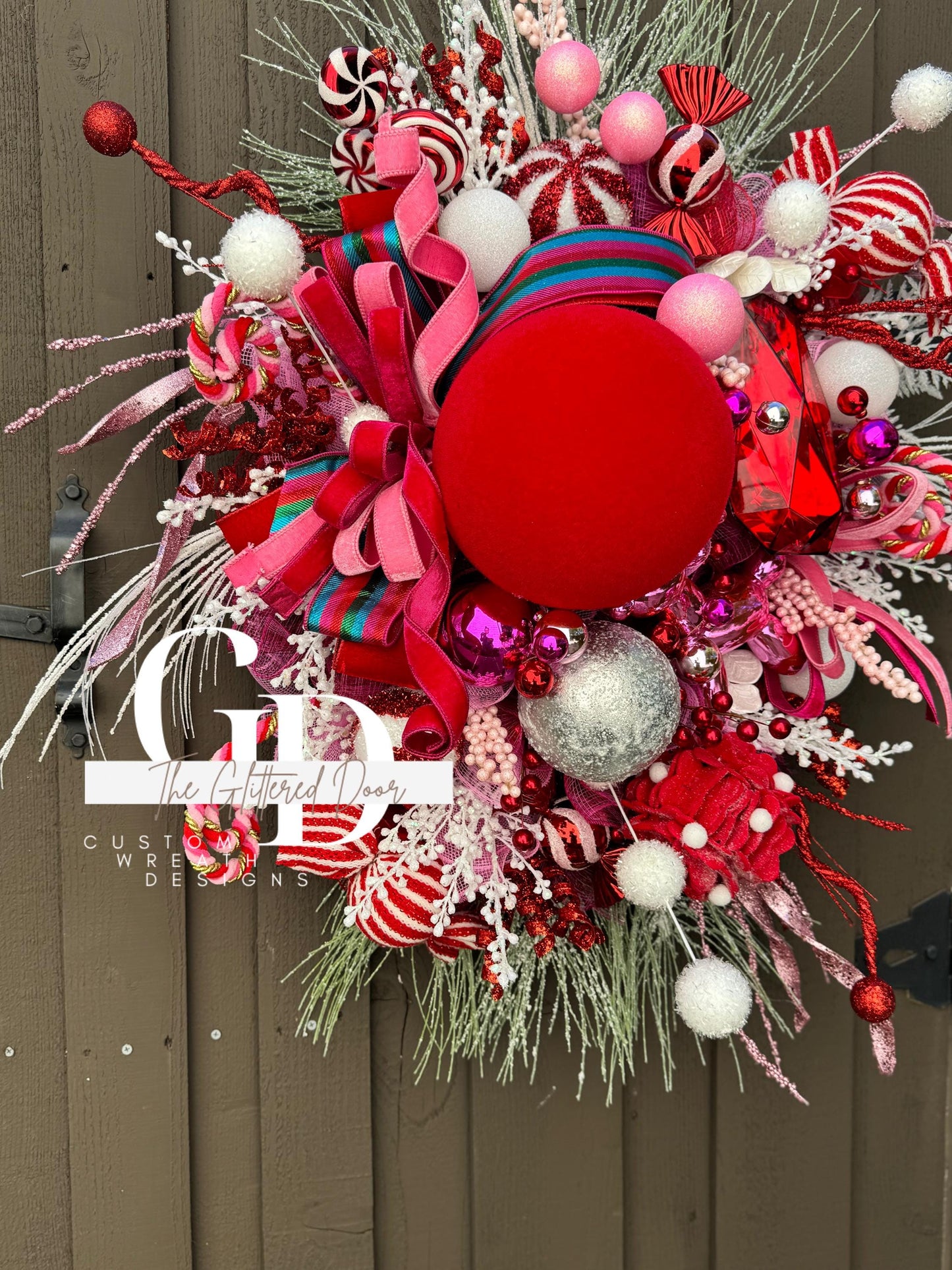 Pink & Red Christmas xl wreath Whimsical Christmas wreath Candy stripe Design Jewel Ornaments wreath Christmas door decor
