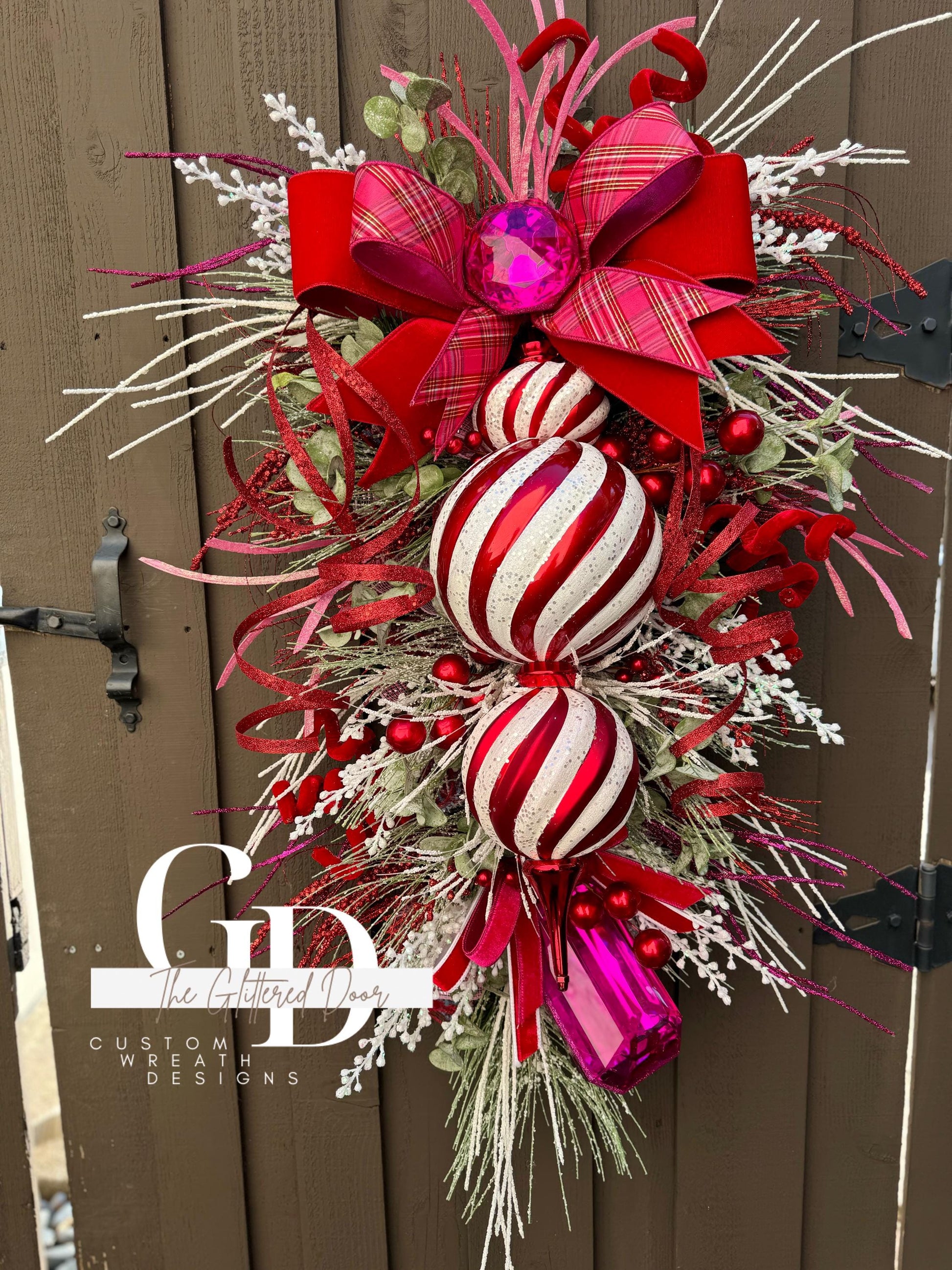 Pink & Red Christmas xl swag wreath Jumbo finial ornament Candy stripe Design Jewel Ornaments wreath Christmas door decor pink gem jewels
